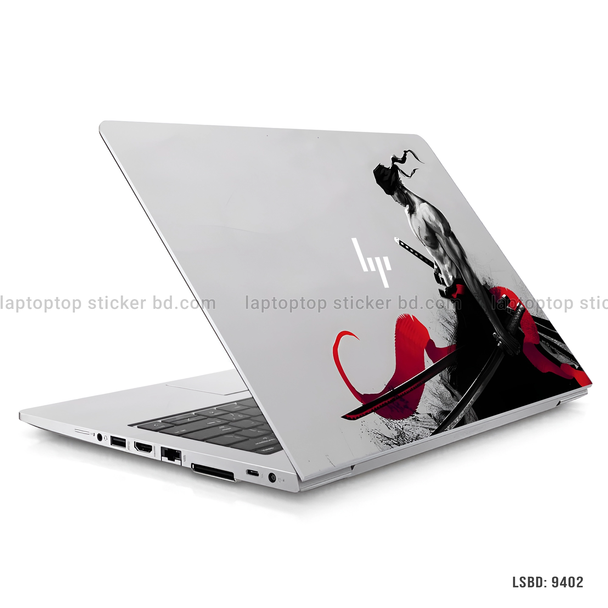 Samurai warrior laptop sticker with dynamic red and black design