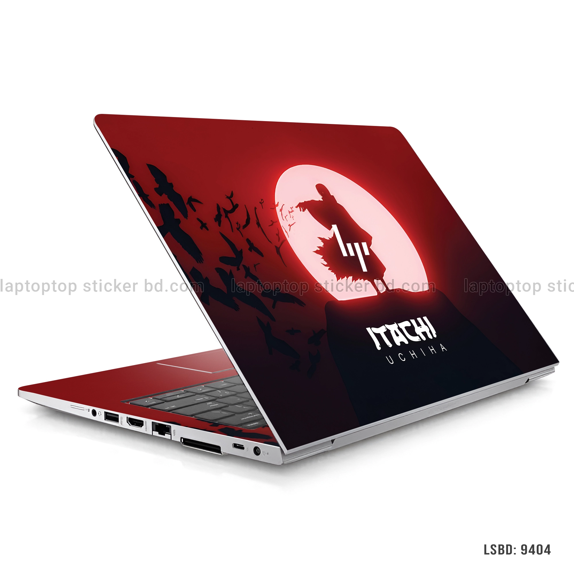 Itachi Uchiha from Naruto laptop sticker with red and black design, featuring Itachi from Naruto
