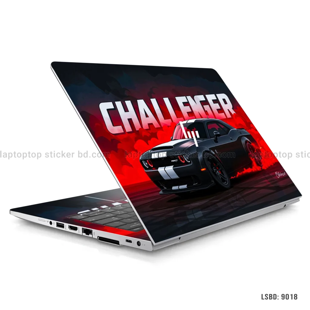 Dodge Challenger SRT laptop sticker with bold black and red design