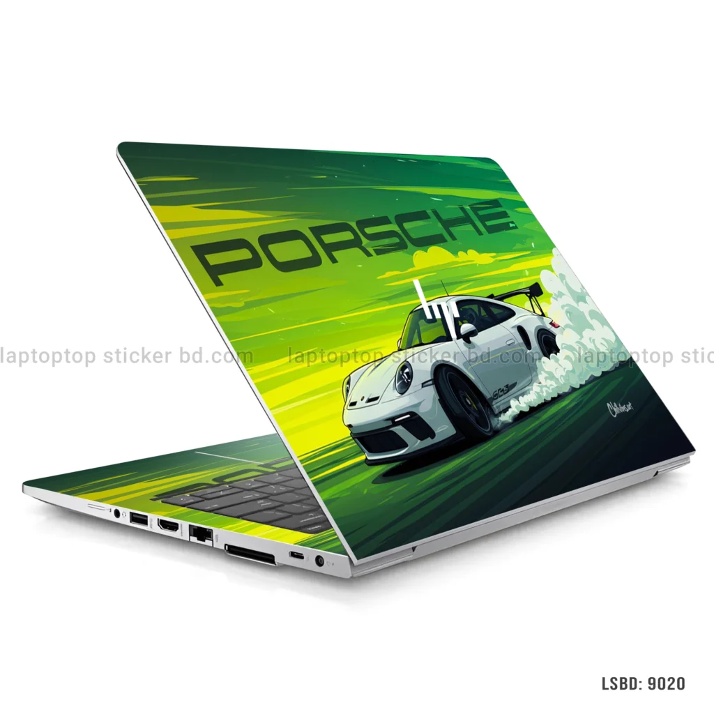 Porsche 911 GT3 RS laptop sticker with dynamic green and yellow design