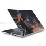 Dark knight with flames laptop sticker featuring intense battle-ready design