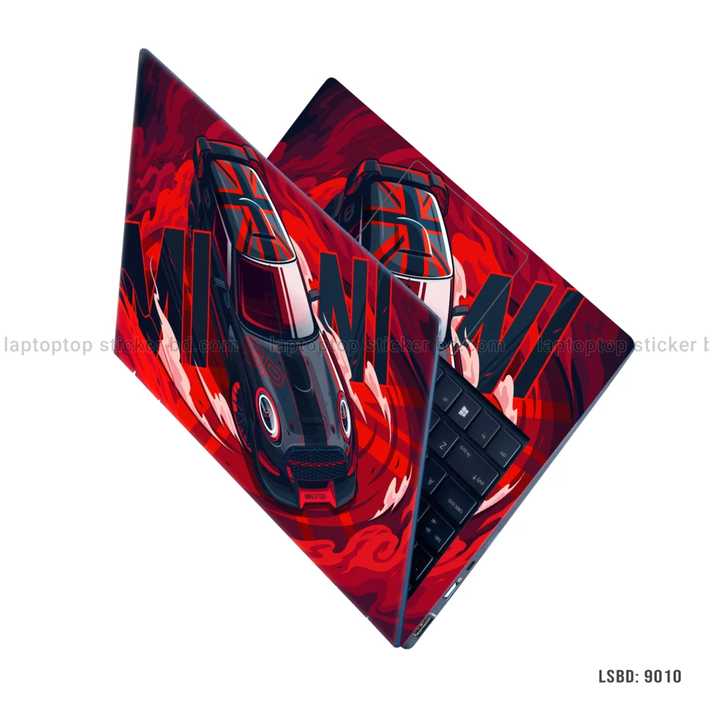 Mini Cooper GP laptop sticker with fiery red design and Union Jack flag