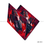 Mini Cooper GP laptop sticker with fiery red design and Union Jack flag