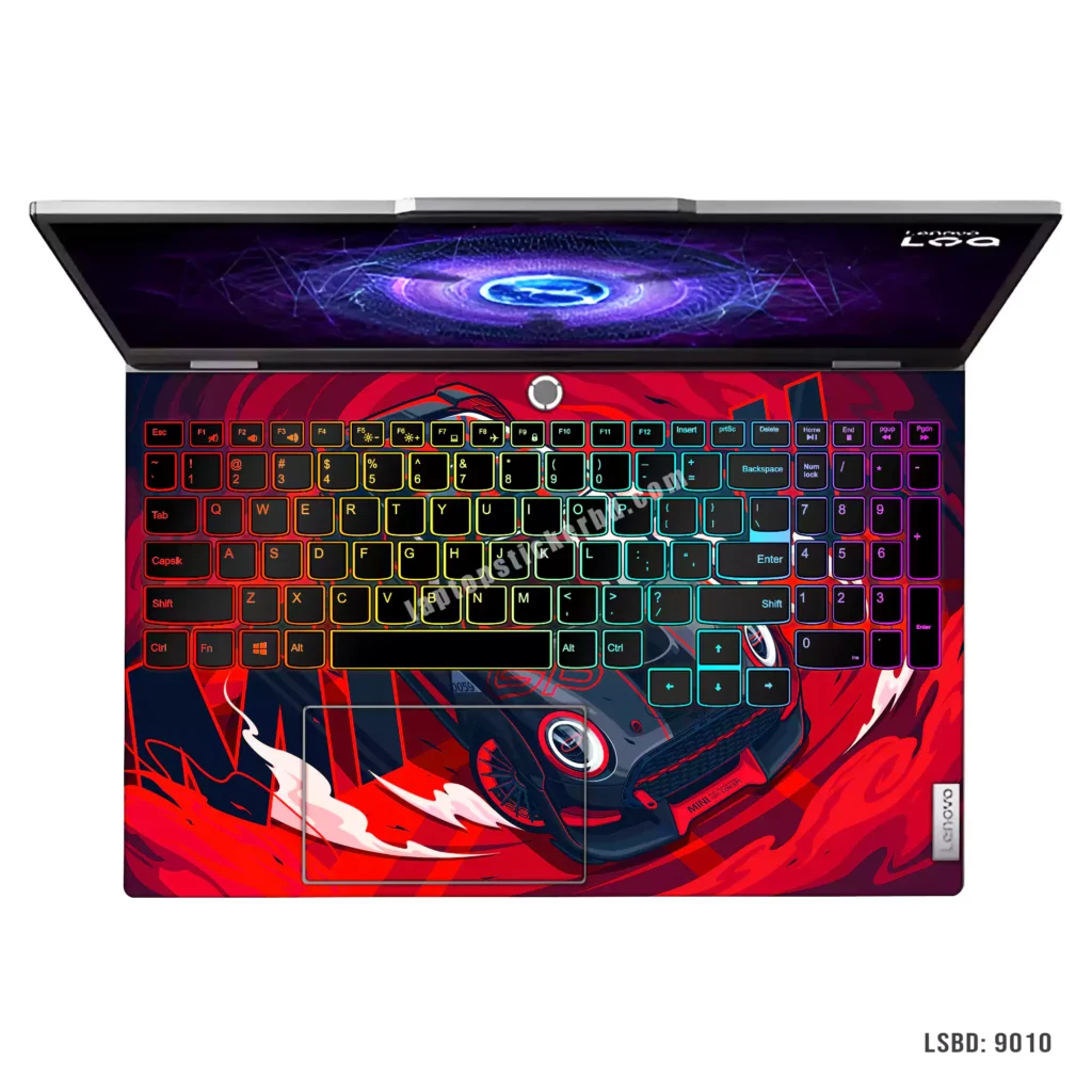 Mini Cooper GP laptop sticker with fiery red design and Union Jack flag