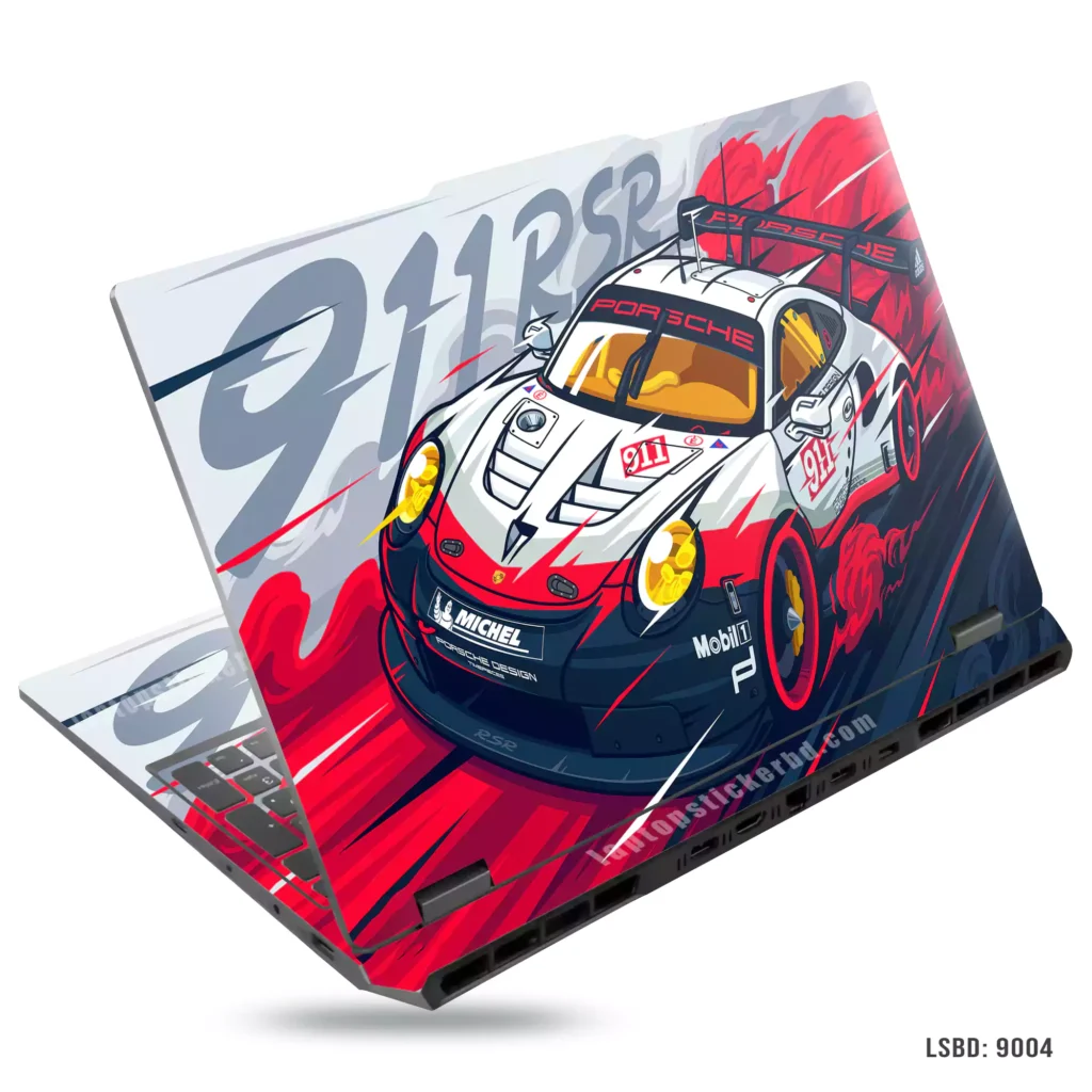Porsche 911 RSR gaming car laptop sticker with red and white design