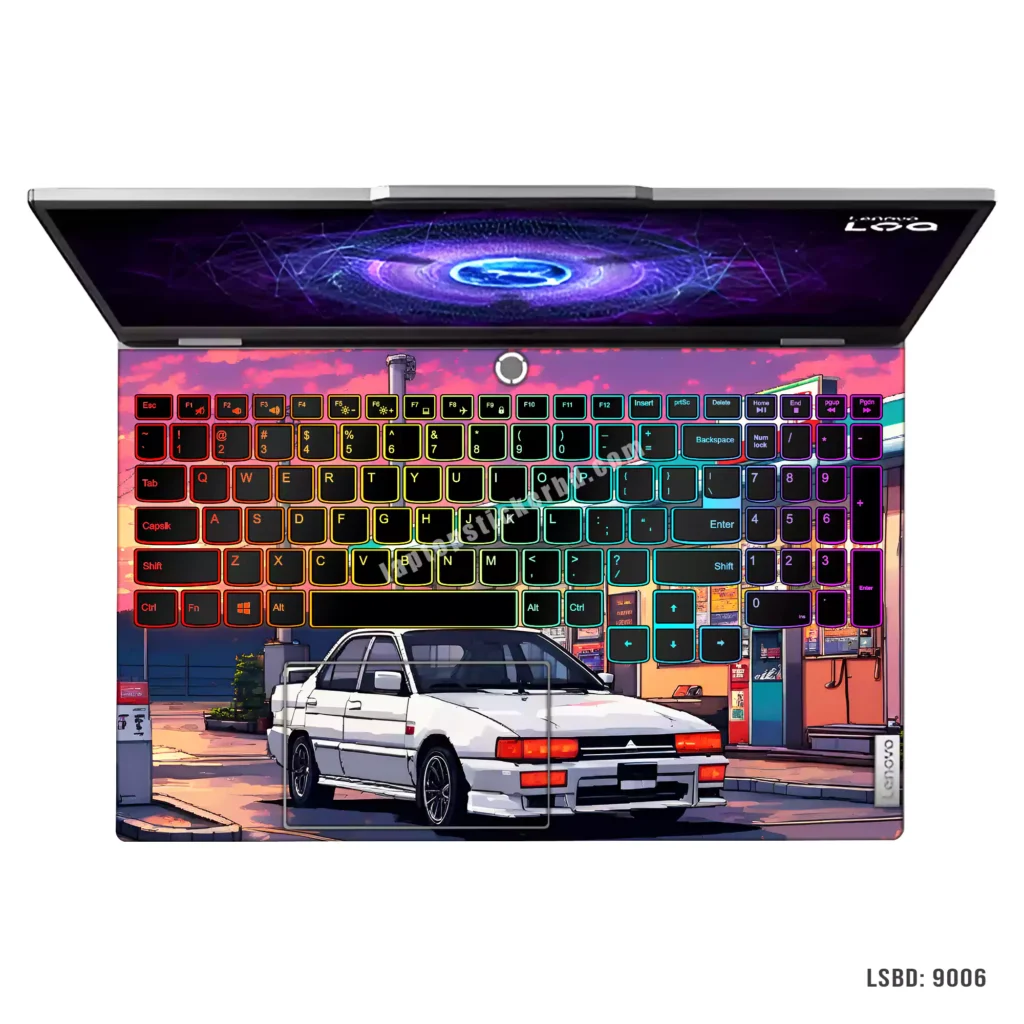 Mitsubishi car digital art laptop sticker with sunset design
