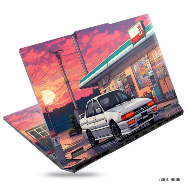 Mitsubishi car digital art laptop sticker with sunset design
