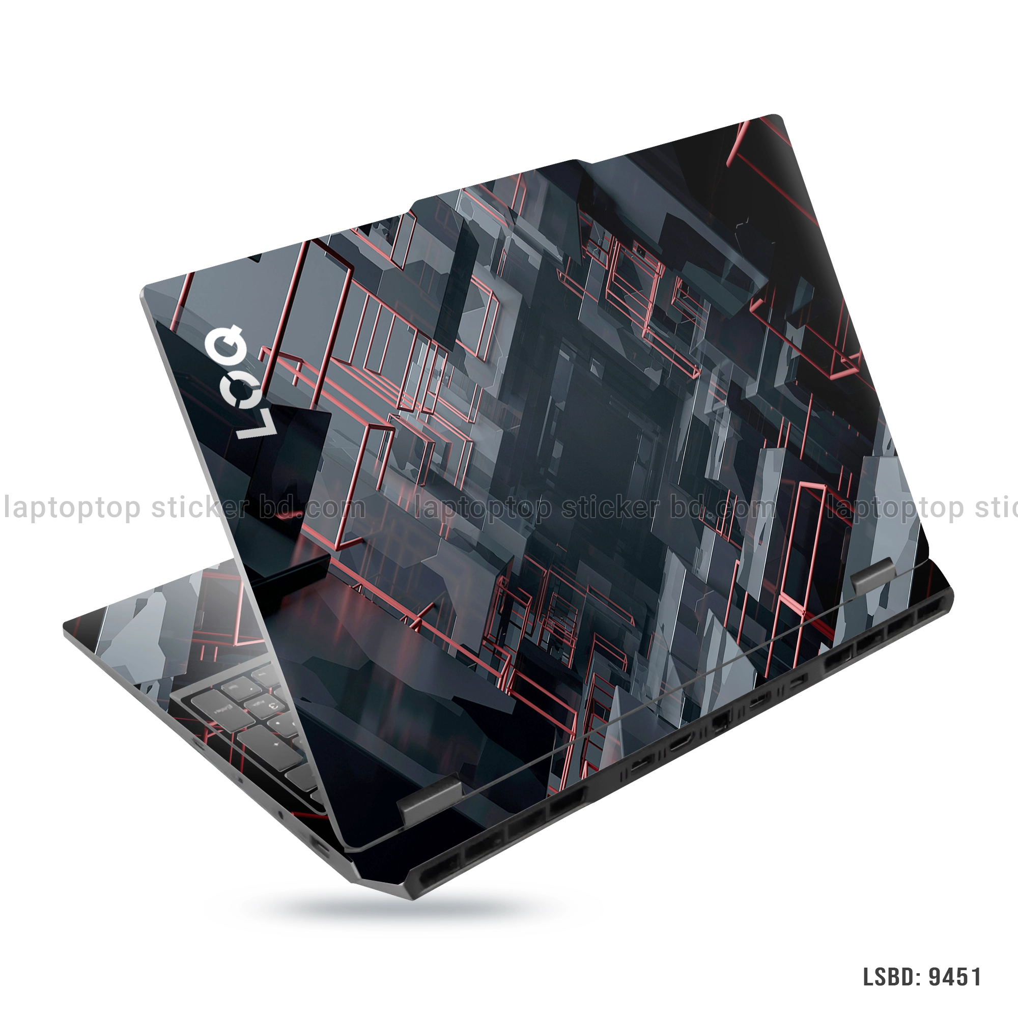 Geometric abstract laptop sticker with red and black design for all laptop sizes