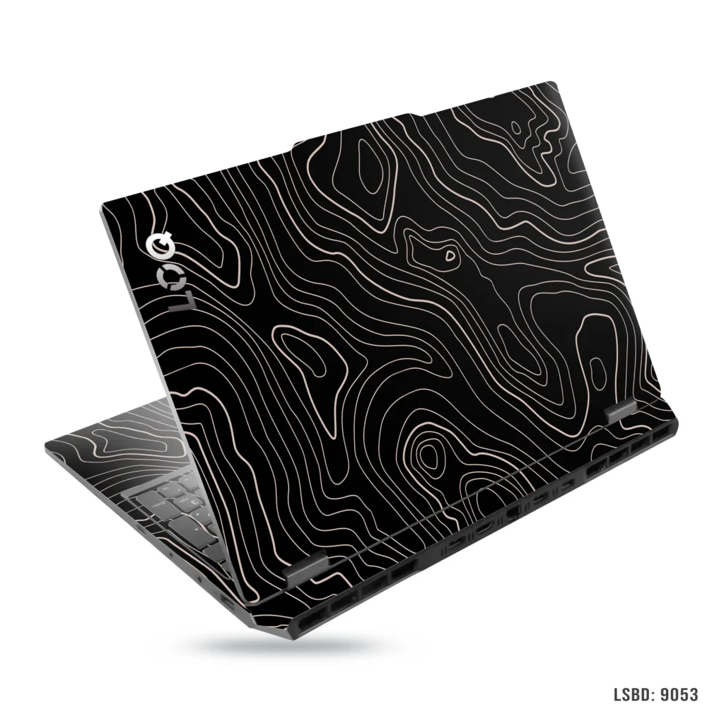 Abstract black and gold line art laptop sticker for all laptop sizes
