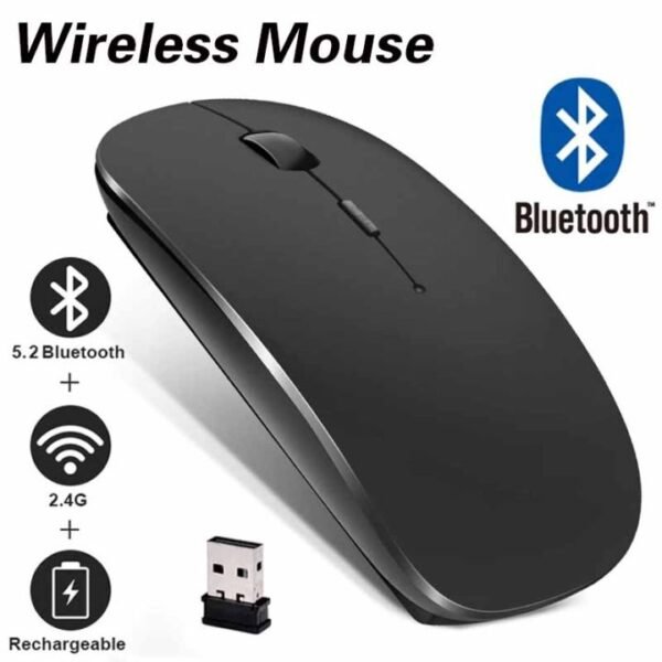 Ultra-Thin Wireless Rechargeable Mouse – 2.4GHz & Bluetooth Dual Mode Optical Mouse Silent Click, Slim Portable Design for Laptop, PC